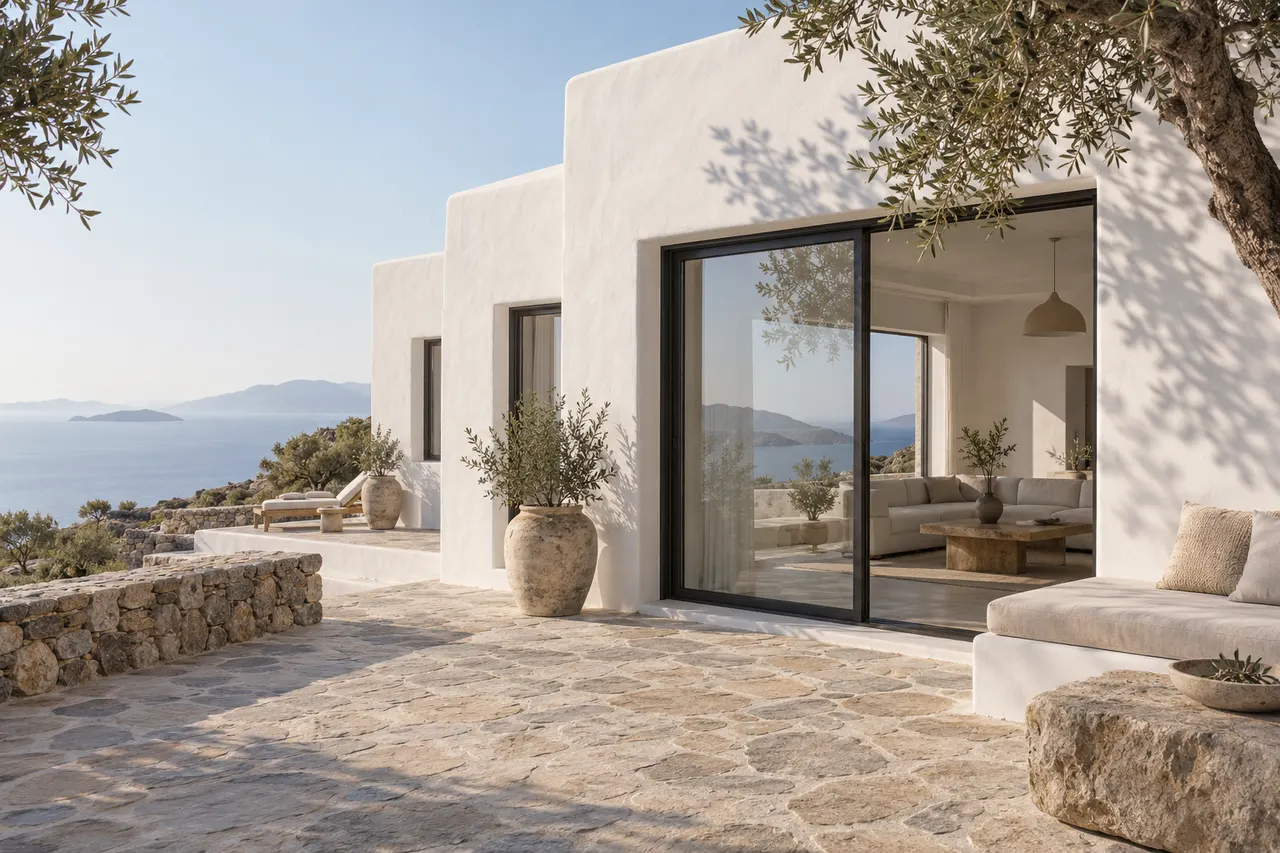 Λευκό σπίτι σε ελληνικό νησί με μεγάλες συρόμενες τζαμαρίες αλουμινίου και θέα στη θάλασσα